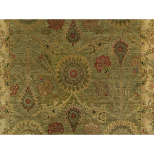 5'1"x7'10" Olive Green, Botanical Design, Hand Knotted, Pure 100% Himalayan Wool, Vegetable Dyes, Oriental Rug FWR548184