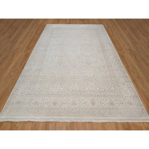 9'1"x12'1" Alabaster White, Wool And Plant Based Silk, Light Tone On Tone With Persian Design, Thick And Plush, 200 Kpsi, Hand Knotted, Oriental Rug FWR548190