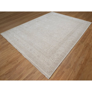 9'1"x12'1" Alabaster White, Wool And Plant Based Silk, Light Tone On Tone With Persian Design, Thick And Plush, 200 Kpsi, Hand Knotted, Oriental Rug FWR548190