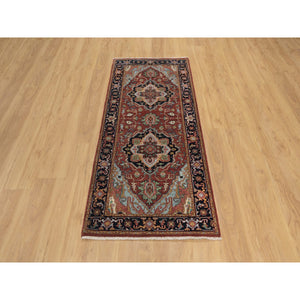 2'7"x6'2" Ochre Red, Antiqued Fine Heriz Re-Creation, Denser Weave, 100% Wool, Hand Knotted, Lush and Plush, Vegetable Dyes, Runner, Oriental Rug FWR548214