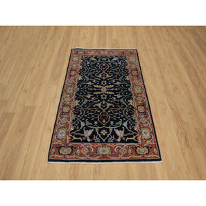3'3"x5'3" Midnight Blue, Antiqued Fine Heriz Re-Creation with All Over Vines Design, Hand Knotted, Soft Pile, Vegetable Dyes, Natural Wool, Oriental Rug FWR548238