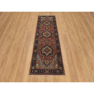 2'7"x8'1" Chili Oil Red, Antiqued Fine Heriz Re-creation, Vegetable Dyes, Lush And Plush, Denser Weave, 100% Wool, Hand Knotted, Runner, Oriental Rug FWR548268