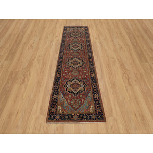 2'7"x10' Auburn Red, Antiqued Fine Heriz Re-Creation, Denser Weave, Hand Knotted, 100% Wool, Vegetable Dyes, Lush and Plush, Runner, Oriental Rug FWR548274