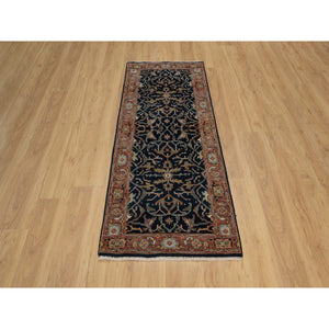 2'6"x6'2" Caviar Blue, Antiqued Fine Heriz Re-Creation with All Over Vines Design, Vegetable Dyes, Hand Knotted, Soft Pile, 100% Wool, Runner, Oriental Rug FWR548286