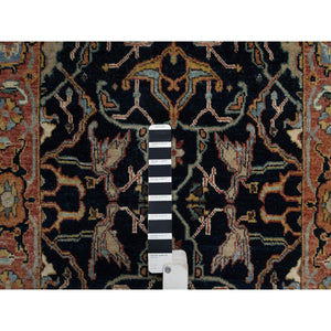 2'6"x6'2" Caviar Blue, Antiqued Fine Heriz Re-Creation with All Over Vines Design, Vegetable Dyes, Hand Knotted, Soft Pile, 100% Wool, Runner, Oriental Rug FWR548286