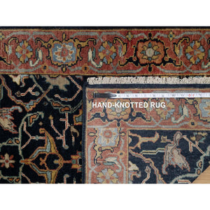 2'6"x6'2" Caviar Blue, Antiqued Fine Heriz Re-Creation with All Over Vines Design, Vegetable Dyes, Hand Knotted, Soft Pile, 100% Wool, Runner, Oriental Rug FWR548286