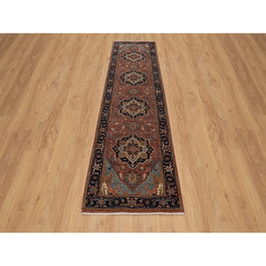 2'7"x10'1" Brick Red, Antiqued Fine Heriz Re-Creation, Denser Weave, Vegetable Dyes, Lush and Plush, Soft Wool, Hand Knotted, Runner, Oriental Rug FWR548292