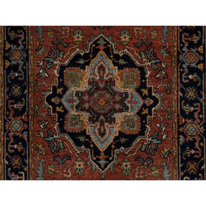 2'7"x10'1" Brick Red, Antiqued Fine Heriz Re-Creation, Denser Weave, Vegetable Dyes, Lush and Plush, Soft Wool, Hand Knotted, Runner, Oriental Rug FWR548292