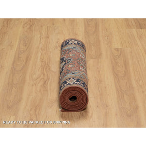 2'7"x10'1" Brick Red, Antiqued Fine Heriz Re-Creation, Denser Weave, Vegetable Dyes, Lush and Plush, Soft Wool, Hand Knotted, Runner, Oriental Rug FWR548292