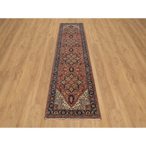 2'7"x10'2" Auburn Red, Antiqued Fine Heriz Re-Creation with Star Medallion Design, Hand Knotted, Hand Spun New Zealand Wool, Soft and Plush, Runner, Oriental Rug FWR548298