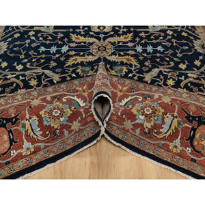 9'x12'2" Midnight Blue, Antiqued Fine Heriz Re-Creation with All Over Vines Design, Hand Knotted, Soft Pile, Vegetable Dyes, 100% Wool, Oriental Rug FWR548310