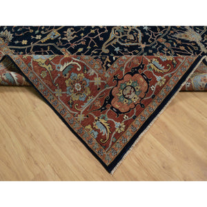 9'x12'2" Midnight Blue, Antiqued Fine Heriz Re-Creation with All Over Vines Design, Hand Knotted, Soft Pile, Vegetable Dyes, 100% Wool, Oriental Rug FWR548310