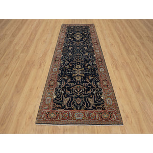 4'2"x12'2" Space Cadet Blue, Antiqued Fine Heriz Re-Creation with All Over Vines Design, Hand Knotted, Pure Wool, Soft Pile, Vegetable Dyes, Wide Runner, Oriental Rug FWR548316