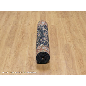 4'2"x12'2" Space Cadet Blue, Antiqued Fine Heriz Re-Creation with All Over Vines Design, Hand Knotted, Pure Wool, Soft Pile, Vegetable Dyes, Wide Runner, Oriental Rug FWR548316
