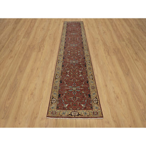 2'8"x14'1" Currant Red, Antiqued Fine Heriz Re-Creation with All Over Vines Design, Hand Knotted, 100% Wool, Vegetable Dyes, Denser Weave, Lush and Plush, Soft Pile, Runner, Oriental Rug FWR548322