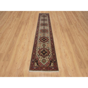 2'8"x14'3" Swan White, Antiqued Fine Heriz Re-Creation, Natural Dyes, Hand Knotted, Plush and Lush, Soft Wool, Denser Weave, XL Runner, Oriental Rug FWR548328