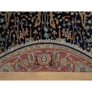 6'x6' Caviar Blue, Antiqued Fine Heriz Re-Creation with All Over Vines Design, Hand Knotted, Soft Pile, Vegetable Dyes, Pure Wool, Round, Oriental Rug FWR548346