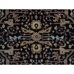6'x6' Caviar Blue, Antiqued Fine Heriz Re-Creation with All Over Vines Design, Hand Knotted, Soft Pile, Vegetable Dyes, Pure Wool, Round, Oriental Rug FWR548346