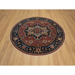 6'2"x6'2" Chili Oil Red, Antiqued Fine Heriz Re-Creation, Denser Weave, Vegetable Dyes, Hand Knotted, Soft Wool, Lush and Plush, Round, Oriental Rug FWR548352