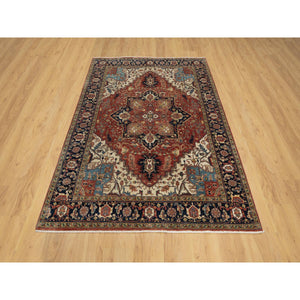 5'2"x7'2" Brick Red, Antiqued Fine Heriz Re-Creation with Star Medallion Design, Hand Spun New Zealand Wool, Hand Knotted, Soft and Plush, Oriental Rug FWR548358