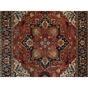 5'2"x7'2" Brick Red, Antiqued Fine Heriz Re-Creation with Star Medallion Design, Hand Spun New Zealand Wool, Hand Knotted, Soft and Plush, Oriental Rug FWR548358