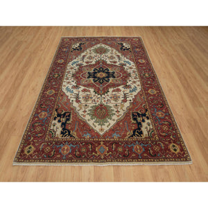 6'2"x9'1" Parchment White, Antiqued Fine Heriz Re-creation, Natural Dyes, Hand Knotted, Plush And Lush, Denser Weave, Soft Wool, Oriental Rug FWR548364