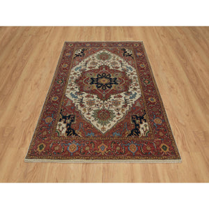 5'1"x7'2" Chiffon White, Antiqued Fine Heriz Re-Creation, Hand Knotted, Soft Wool, Lush and Plush, Vegetable Dyes, Denser Weave, Oriental Rug FWR548370