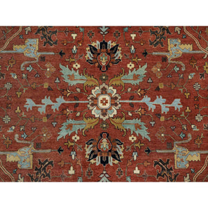 10'1"x14'2" Brick Red, Antiqued Fine Heriz Re-creation With All Over Vines Design, Hand Knotted, 100% Wool, Vegetable Dyes, Soft Pile, Denser Weave, Lush And Plush, Oriental Rug FWR548406