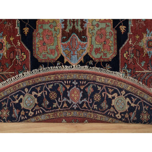 8'x8' Barn Red, Antiqued Fine Heriz Re-Creation, Denser Weave, Vegetable Dyes, Lush and Plush, 100% Wool, Hand Knotted, Round, Oriental Rug FWR548430