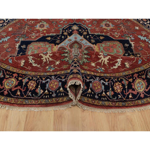 8'x8' Barn Red, Antiqued Fine Heriz Re-Creation, Denser Weave, Vegetable Dyes, Lush and Plush, 100% Wool, Hand Knotted, Round, Oriental Rug FWR548430