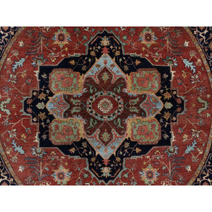 8'x8' Barn Red, Antiqued Fine Heriz Re-Creation, Denser Weave, Vegetable Dyes, Lush and Plush, 100% Wool, Hand Knotted, Round, Oriental Rug FWR548430