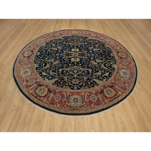 10'1"x10'1" Midnight Blue, Antiqued Fine Heriz Re-Creation with All Over Vines Design, Hand Knotted, Soft Pile, Vegetable Dyes, 100% Wool, Round, Oriental Rug FWR548436