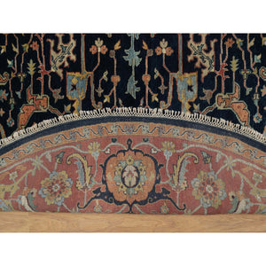 10'1"x10'1" Midnight Blue, Antiqued Fine Heriz Re-Creation with All Over Vines Design, Hand Knotted, Soft Pile, Vegetable Dyes, 100% Wool, Round, Oriental Rug FWR548436