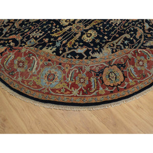 10'1"x10'1" Midnight Blue, Antiqued Fine Heriz Re-Creation with All Over Vines Design, Hand Knotted, Soft Pile, Vegetable Dyes, 100% Wool, Round, Oriental Rug FWR548436