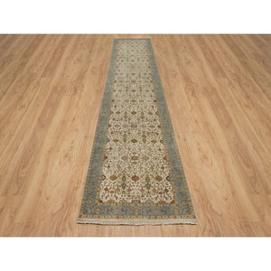 3'1"x15'6" Parchment White, Tabriz Revival, 300 KPSI, Hand Knotted, Hand Spun New Zealand Wool, XL Runner, Oriental Rug FWR548466