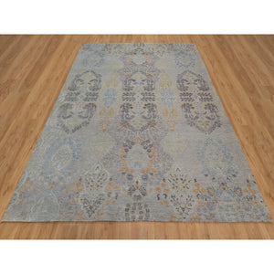 7'10"x10' Medium Gray, Jewelry Design, Wool with Textured Silk, Tone on Tone, Transitional, Hand Knotted, Oriental Rug FWR548484