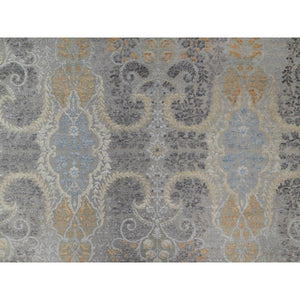 7'10"x10' Medium Gray, Jewelry Design, Wool with Textured Silk, Tone on Tone, Transitional, Hand Knotted, Oriental Rug FWR548484