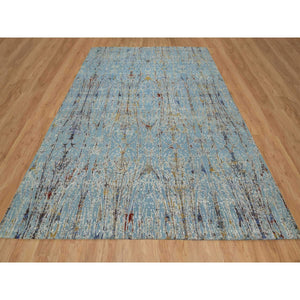 9'1"x12' Cloud Blue, Modern with Bamboo Cane Design, Wool and Silk, Soft Pile, Hand Knotted, Oriental Rug FWR548568
