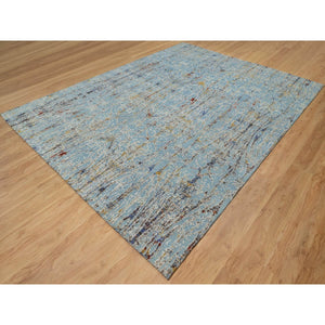 9'1"x12' Cloud Blue, Modern with Bamboo Cane Design, Wool and Silk, Soft Pile, Hand Knotted, Oriental Rug FWR548568