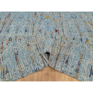 9'1"x12' Cloud Blue, Modern with Bamboo Cane Design, Wool and Silk, Soft Pile, Hand Knotted, Oriental Rug FWR548568