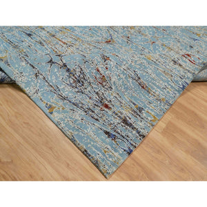 9'1"x12' Cloud Blue, Modern with Bamboo Cane Design, Wool and Silk, Soft Pile, Hand Knotted, Oriental Rug FWR548568