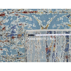 9'1"x12' Cloud Blue, Modern with Bamboo Cane Design, Wool and Silk, Soft Pile, Hand Knotted, Oriental Rug FWR548568