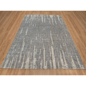 8'1"x10'2" Dove Gray, Nepali Weave with Line Design, Natural Undyed Textured Wool, Hand Knotted, Oriental Rug FWR548574