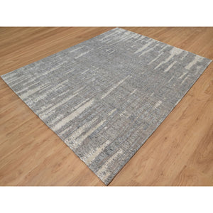 8'1"x10'2" Dove Gray, Nepali Weave with Line Design, Natural Undyed Textured Wool, Hand Knotted, Oriental Rug FWR548574