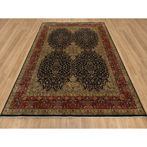 8'x9'10" Jet Black, Hand Knotted, Intricate Kashan Revival, Hand Spun New Zealand Wool, 300 KPSI, Oriental Rug FWR548604