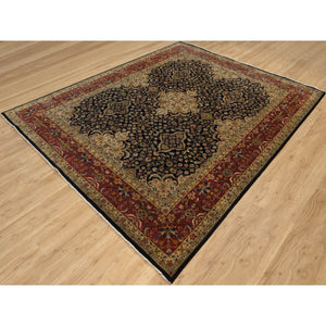 8'x9'10" Jet Black, Hand Knotted, Intricate Kashan Revival, Hand Spun New Zealand Wool, 300 KPSI, Oriental Rug FWR548604