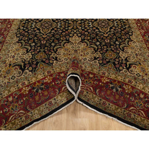 8'x9'10" Jet Black, Hand Knotted, Intricate Kashan Revival, Hand Spun New Zealand Wool, 300 KPSI, Oriental Rug FWR548604
