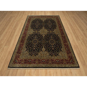 6'x9'1" Caviar Black, Intricate Kashan Revival, Hand Spun New Zealand Wool, 300 KPSI, Hand Knotted, Oriental Rug FWR548610