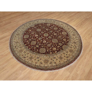 8'1"x8'1" Wine Red, Hereke with All Over Design, 300 KPSI, Wool and Silk, Hand Knotted, Round, Oriental Rug FWR548628