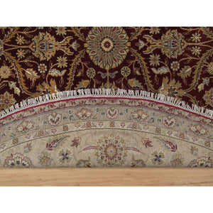 8'1"x8'1" Wine Red, Hereke with All Over Design, 300 KPSI, Wool and Silk, Hand Knotted, Round, Oriental Rug FWR548628